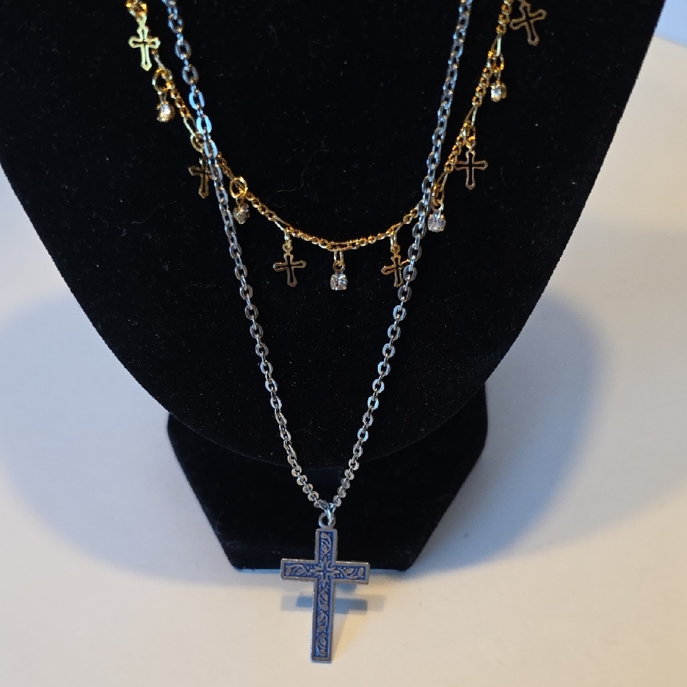 2 Vintage Cross Necklaces 1 Blue Enamel And Silvertone 1 Goldtone Cross Crystals